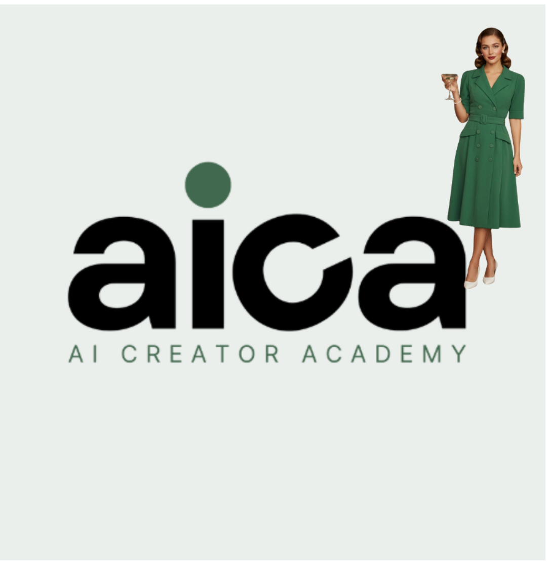 AI Creator Academy with a person in a green dress on a white background