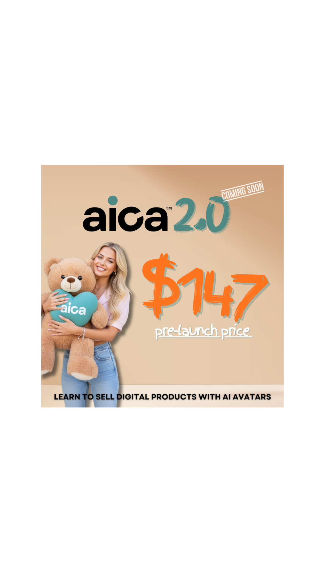 Advertisement for aica 2.0 with a teddy bear and woman holding it on a beige background
