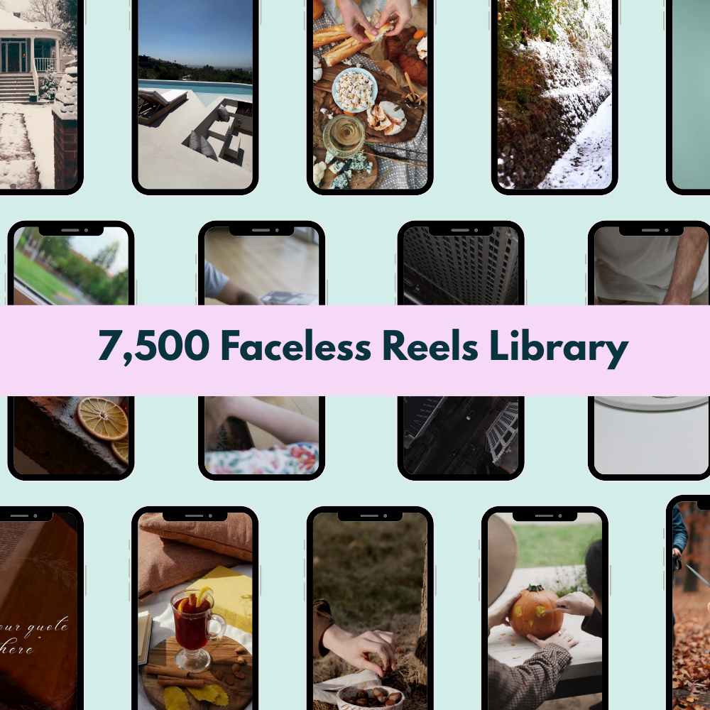 Collage of smartphone screens displaying various images with a text overlay about a '7,500 Faceless Reels Library'.