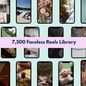 Collage of smartphone screens displaying various images with a text overlay about a '7,500 Faceless Reels Library'.