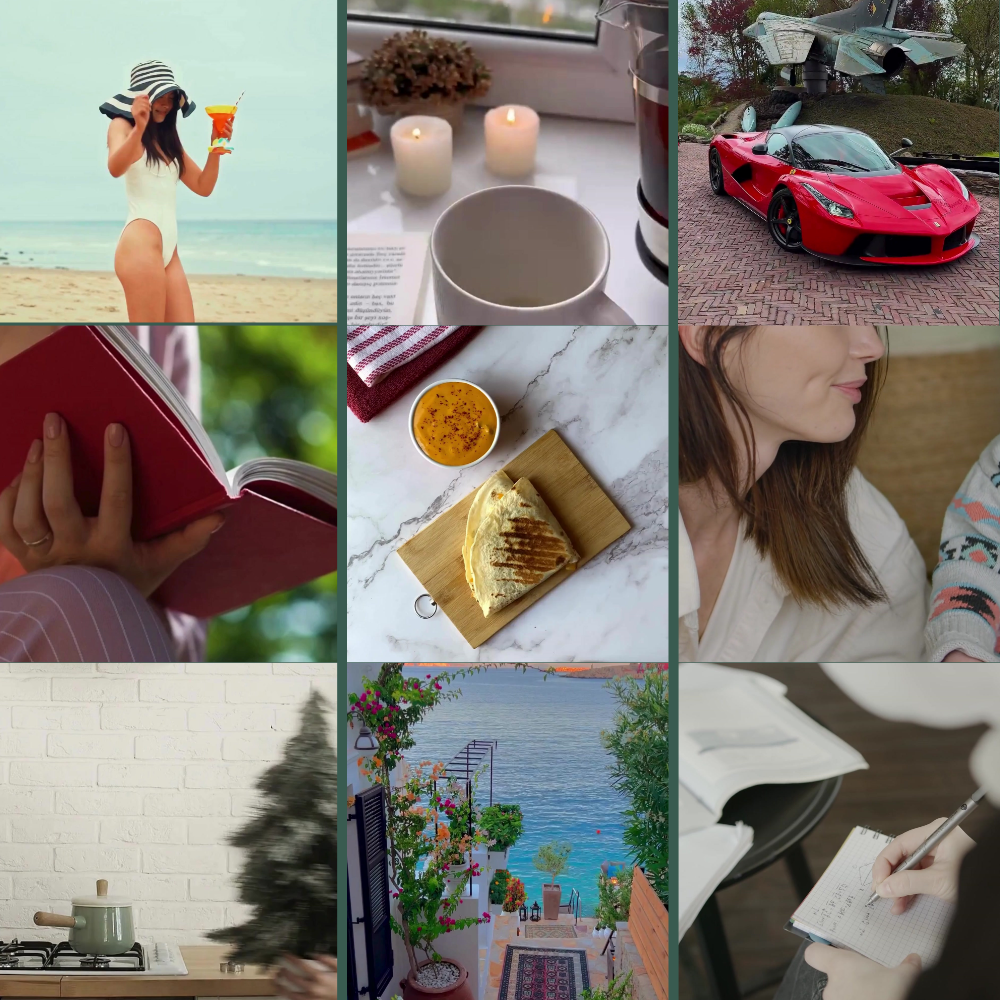 Collage of various images including a beach scene, interior decor, food, and people.