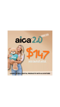 Advertisement for aica 2.0 with a teddy bear and woman holding it on a beige background