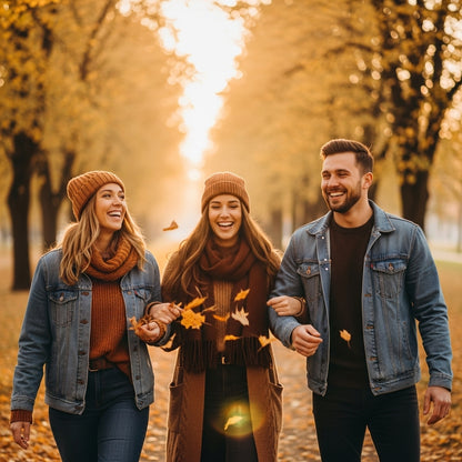 Three people walking together in a park with autumn leaves and trees.