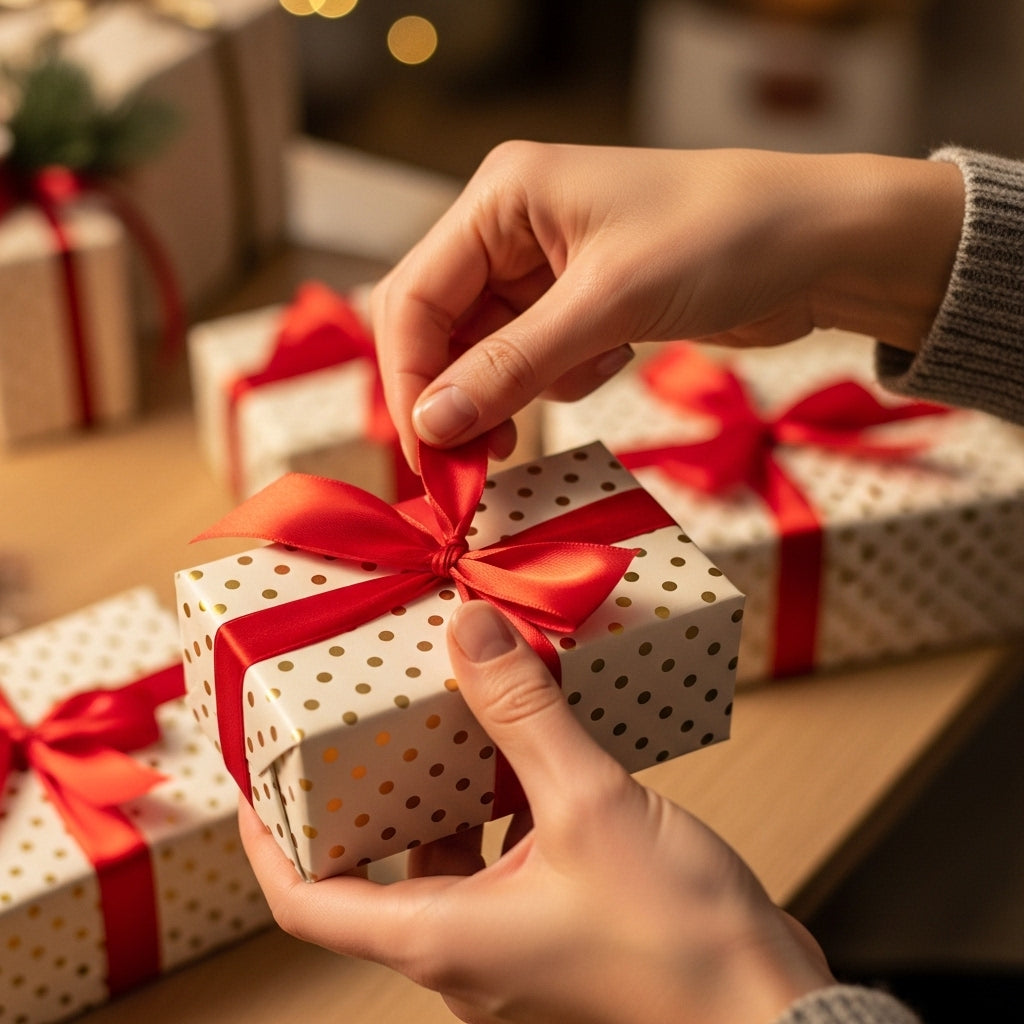 Person holding a small gift box with a red ribbon against a blurred background of wrapped gifts.