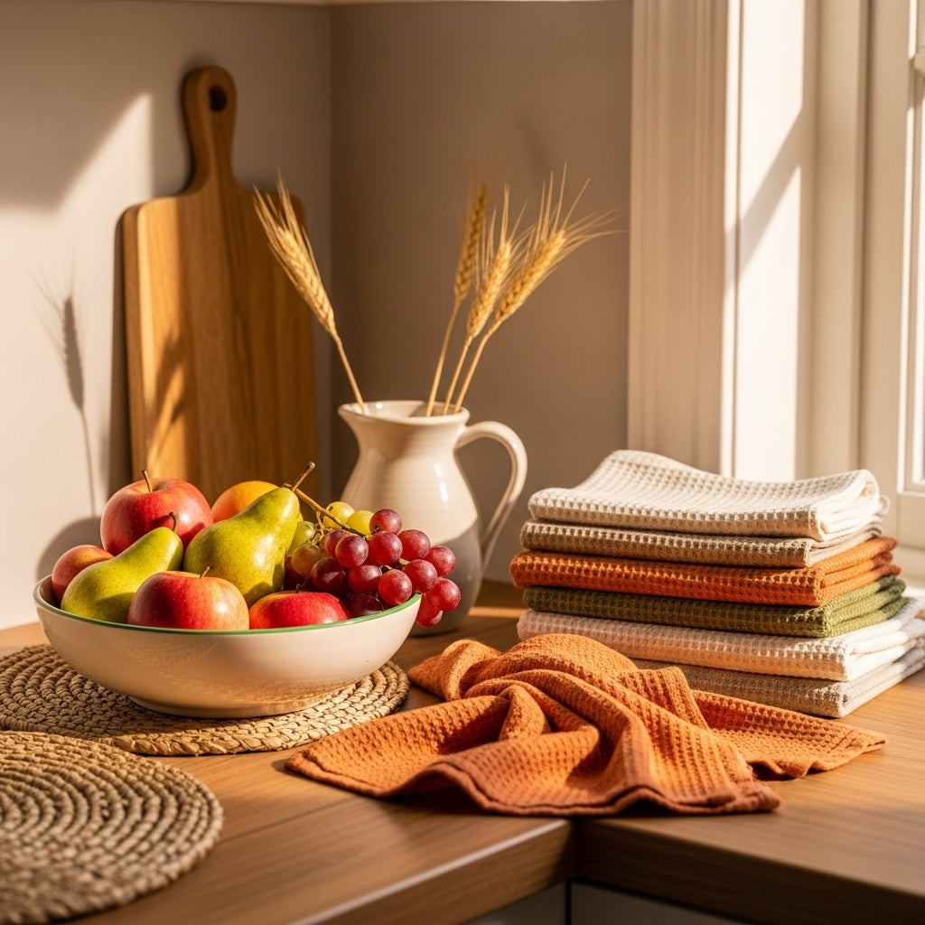 Fruit bowl with apples, pears, and grapes on a wooden table with a pitcher and folded towels.