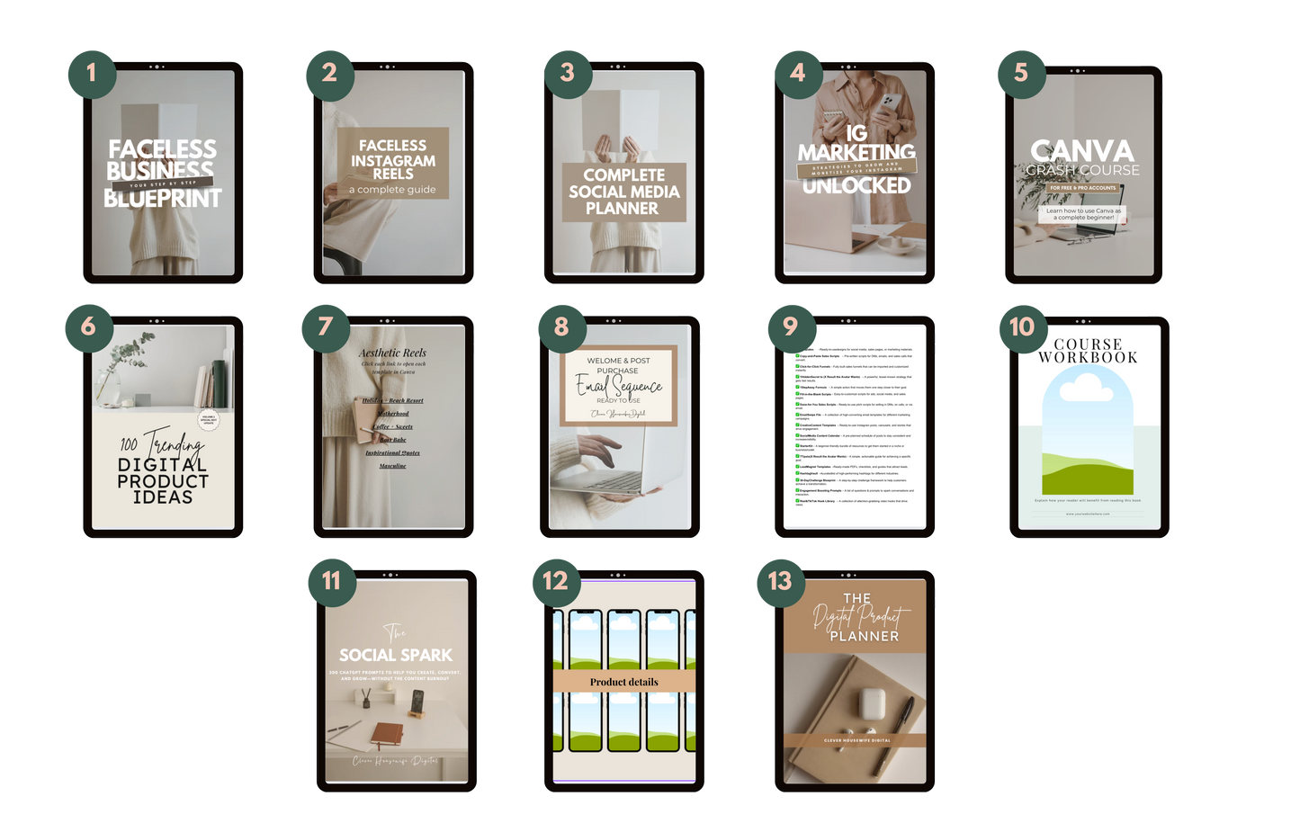 Grid of digital product covers with numbers on a white background