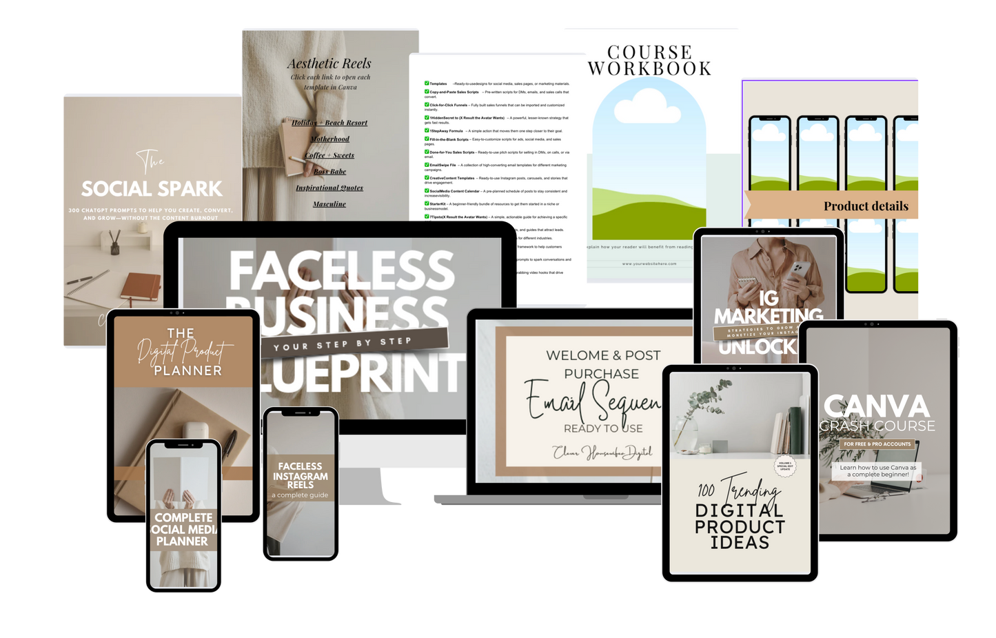 Collection of digital product mockups including a workbook, business blueprint, and email sequence guide on a white background.