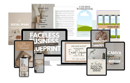 Collection of digital product mockups including a workbook, business blueprint, and email sequence guide on a white background.