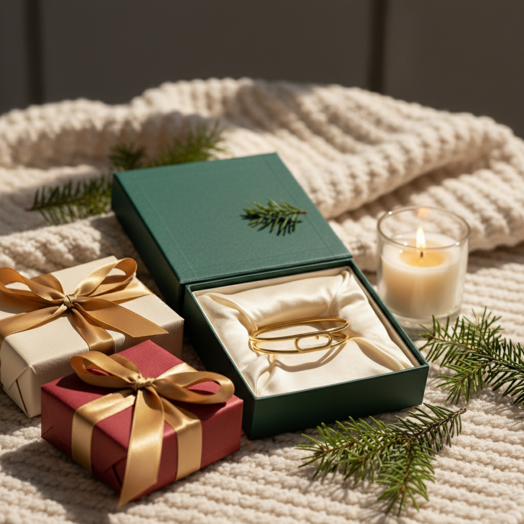 Green jewelry box with gold bangles, red gift box with gold bow, and candle on a textured surface.