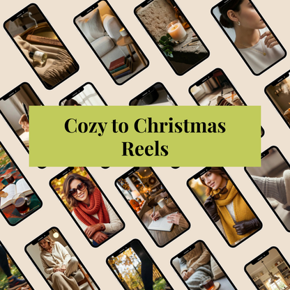 Collage of people in cozy settings with 'Cozy to Christmas Reels' text on a beige background.
