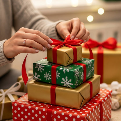 Stack of gift boxes with red ribbons being tied by a person's hands, blurred lights in the background