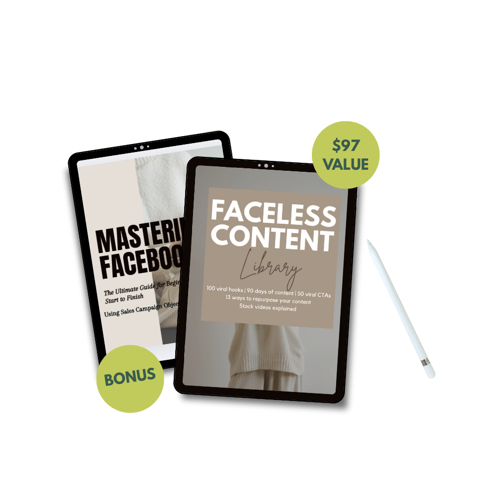 Two tablets displaying 'Master Facebook' and 'Faceless Content Library' with a pen on a white background.
