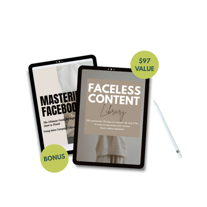 Two tablets displaying 'Master Facebook' and 'Faceless Content Library' with a pen on a white background.