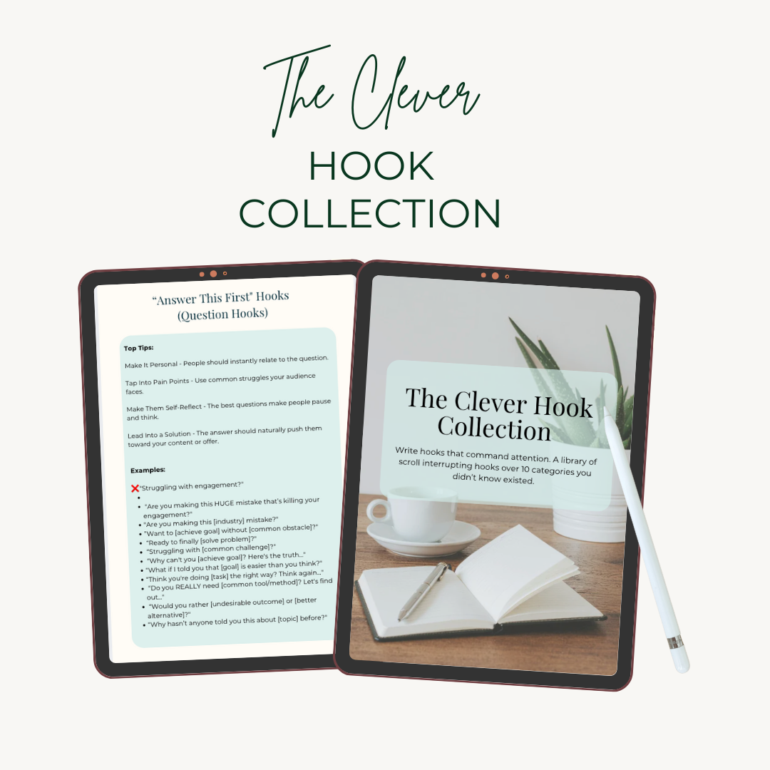 Open tablet displaying 'The Clever Hook Collection' with a pen on a white background