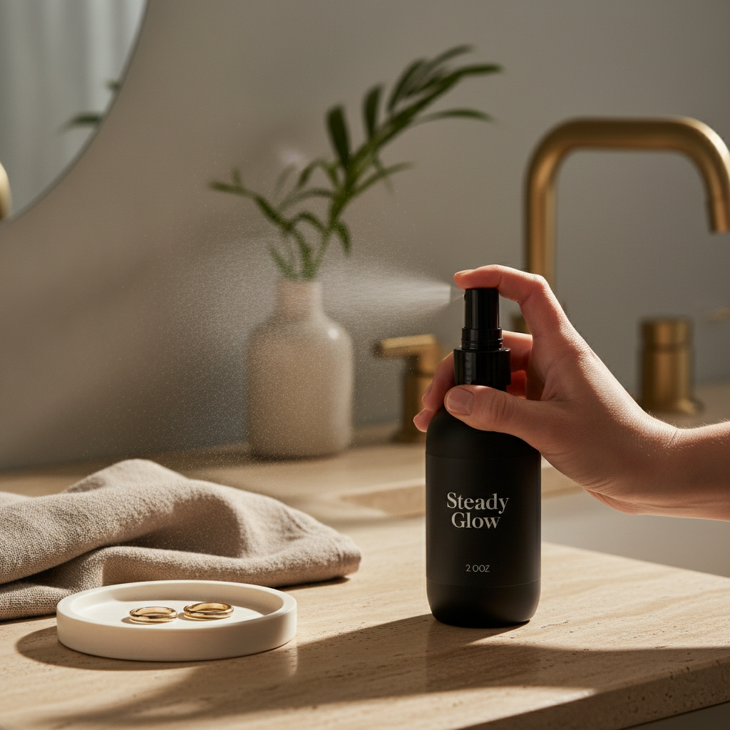 Person holding a 'Steady Glow' bottle on a bathroom counter with a plant and towel in the background.